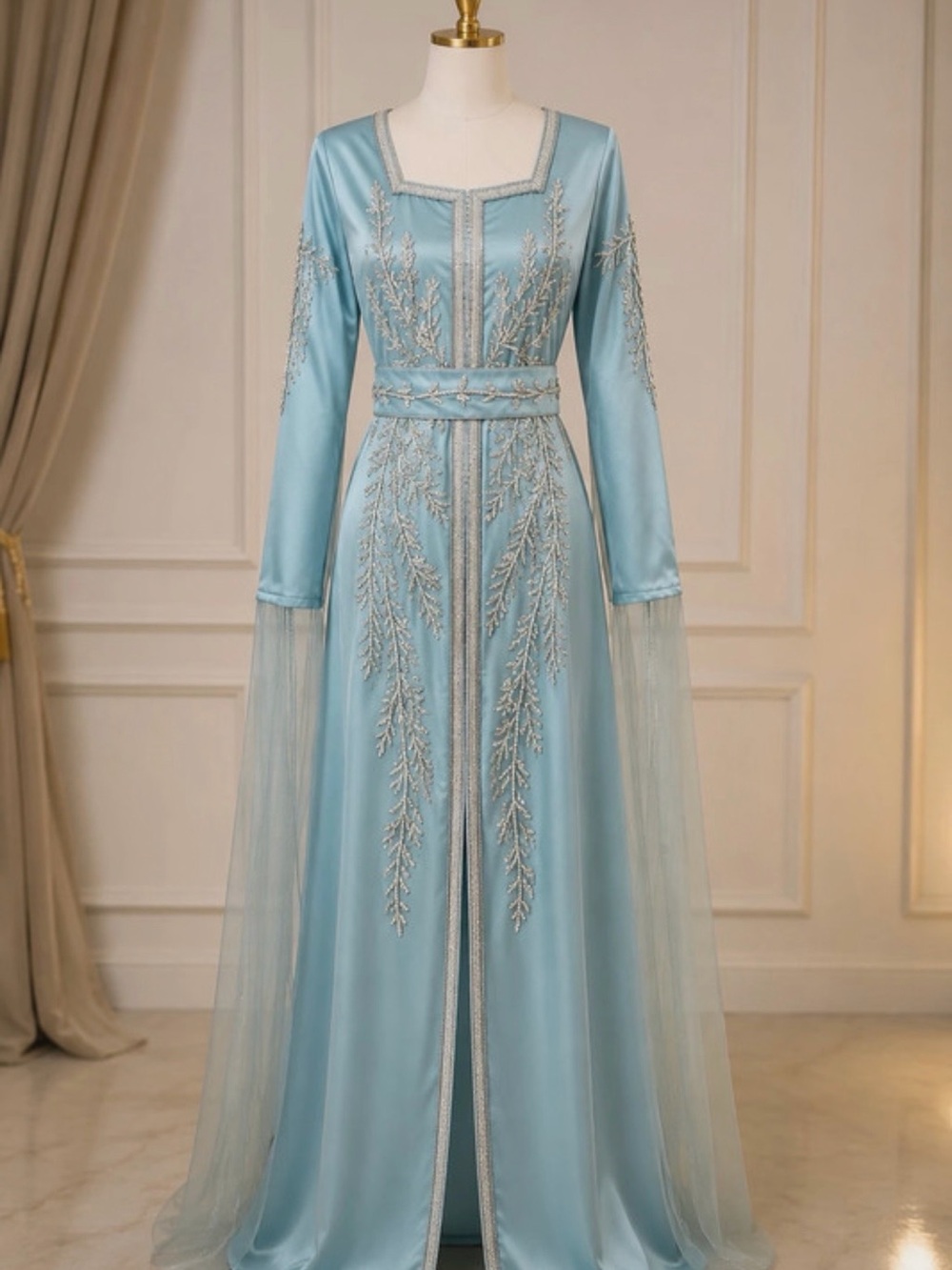 Light Blue Embroidered Long Sleeve Evening Dress